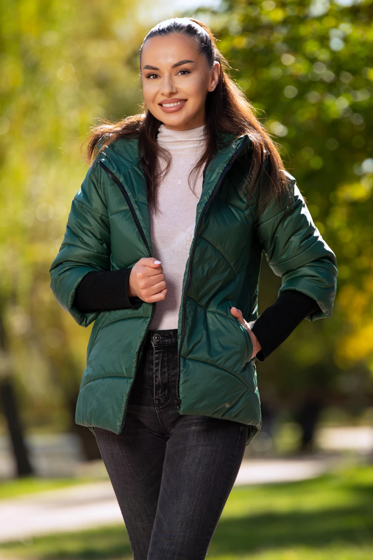 Geaca Denisa Dante Verde Matlasată Glugă