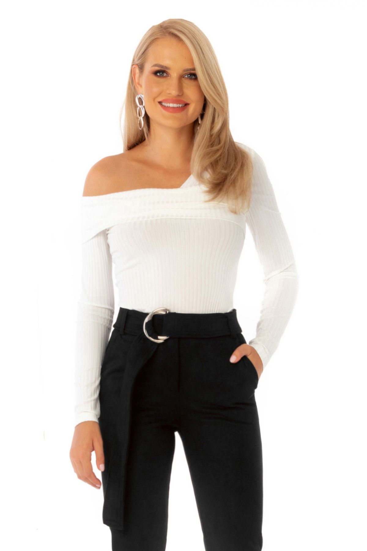 Bluza Pretty Girl albă elegantă cu umăr gol