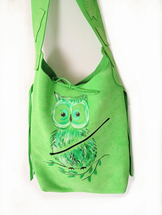 Geanta Piele Naturală Verde cu Bufniță - Shopika