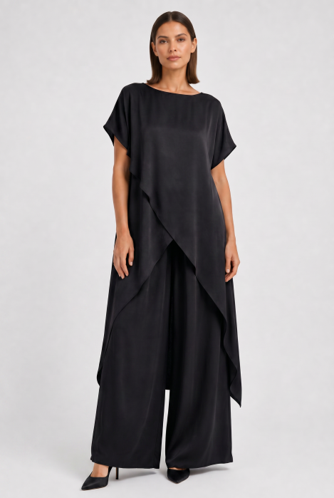 Compleu dama elegant din vascoza cu tunica asimetrica si pantaloni palazzo, negru