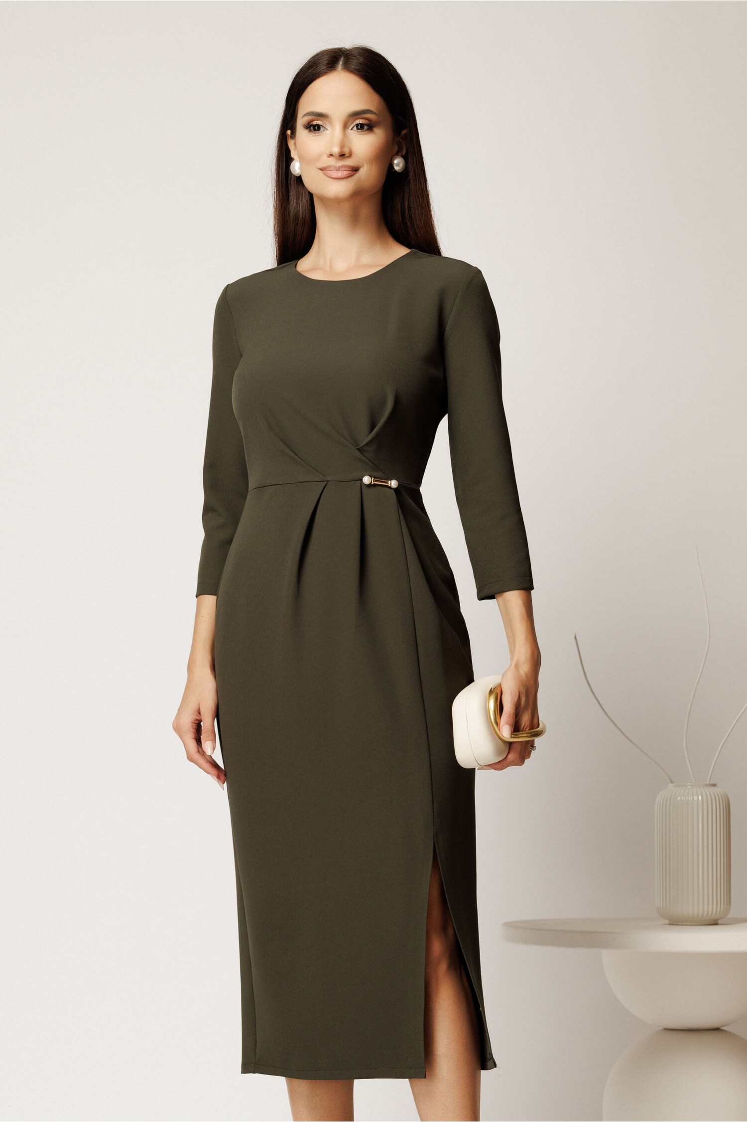 Rochie Midi Kaki Eleganta din Stofa