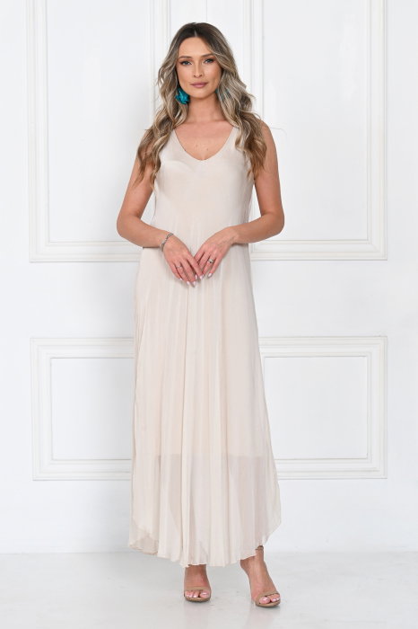 Rochie lunga din matase cu croi fluid si bretele fine, eleganta, bej