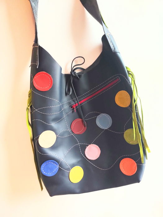 Geanta Shopika Piele Naturala cu Bulinute Bleumarin