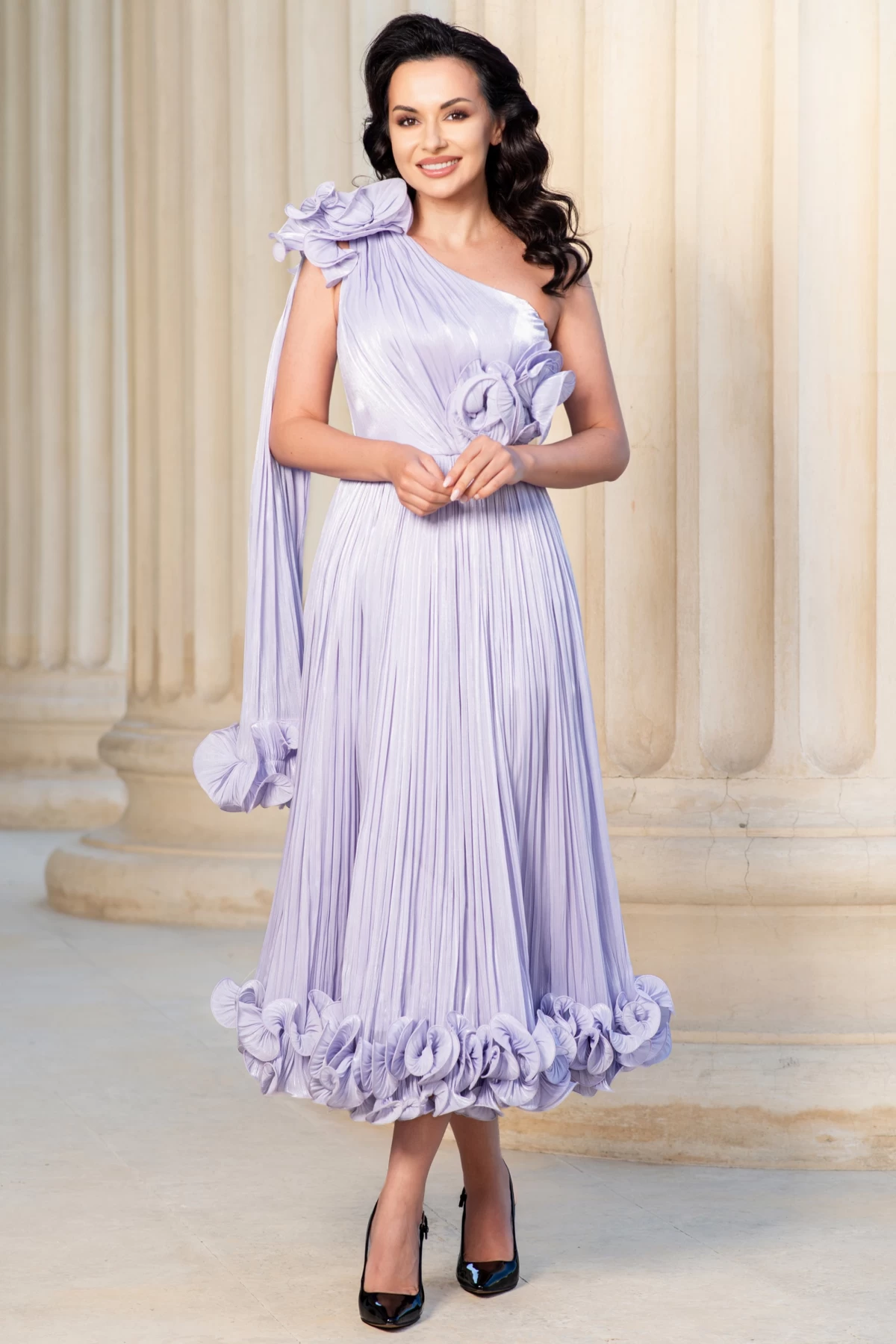Rochie de ocazie eleganta Caroline lila midi din voal peliculizat plisat