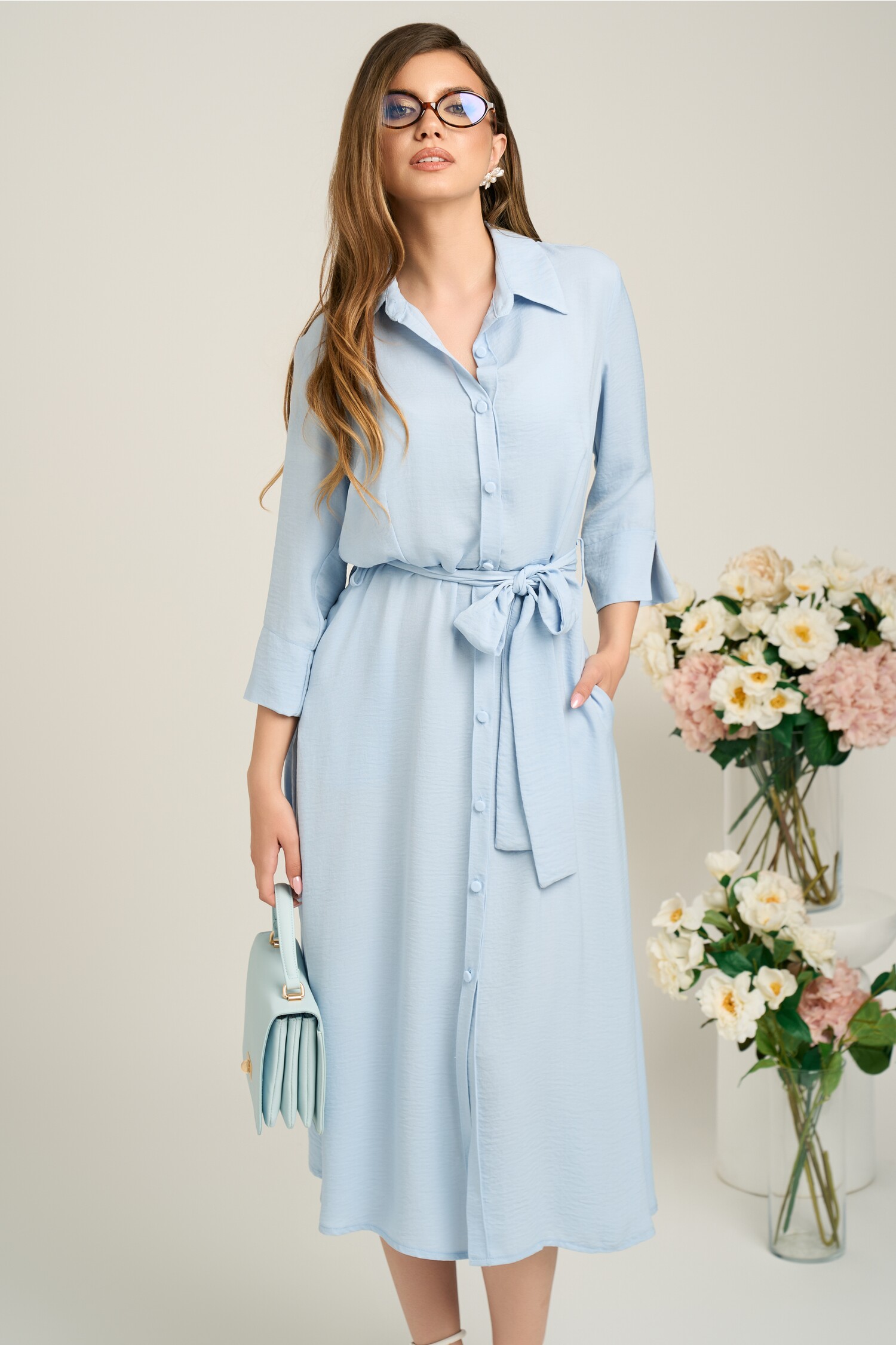 Rochie Office Viscoză Bleu cu Cordon