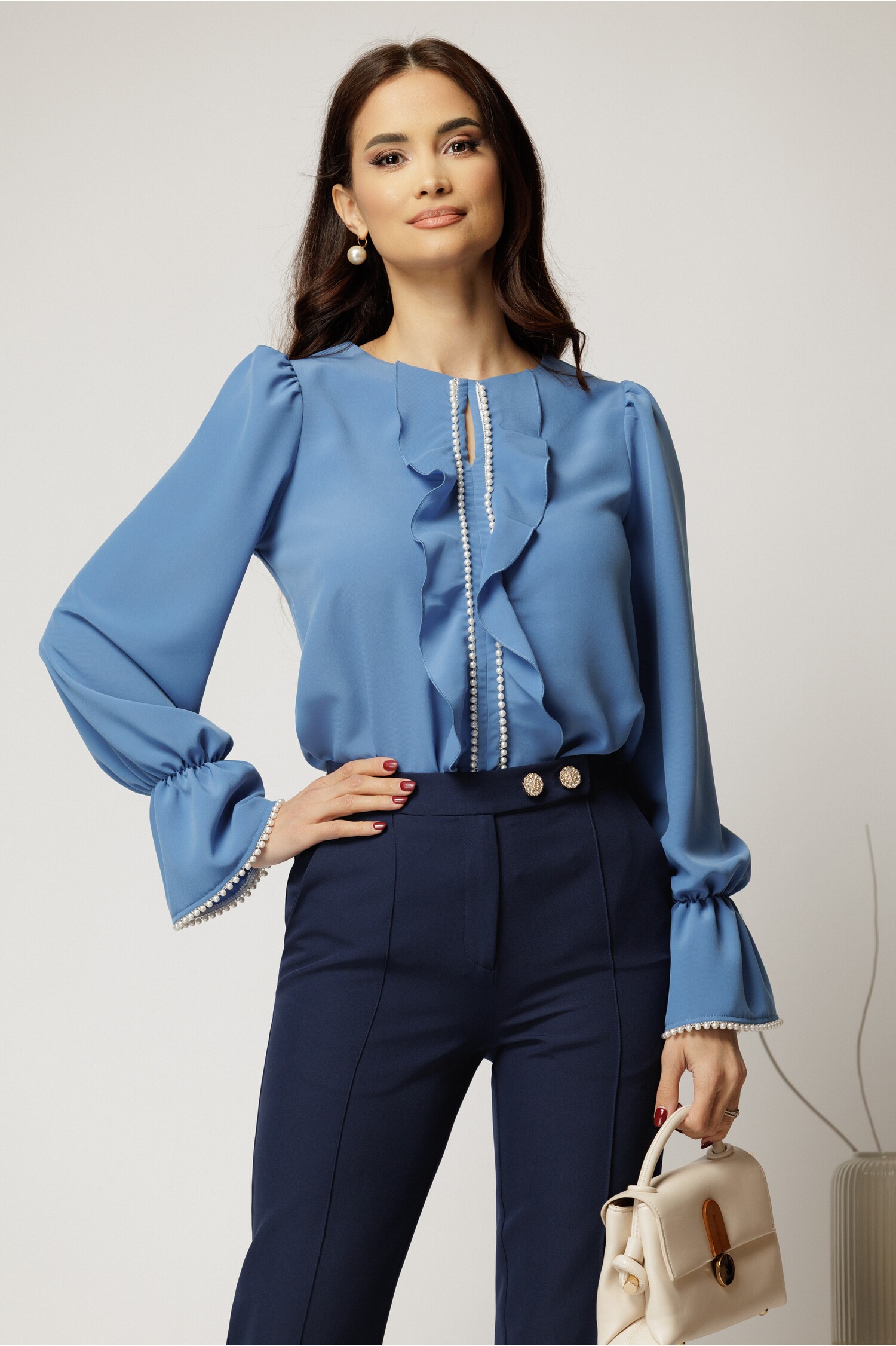 Bluza DY Fashion Albastra cu Volanase si Perle