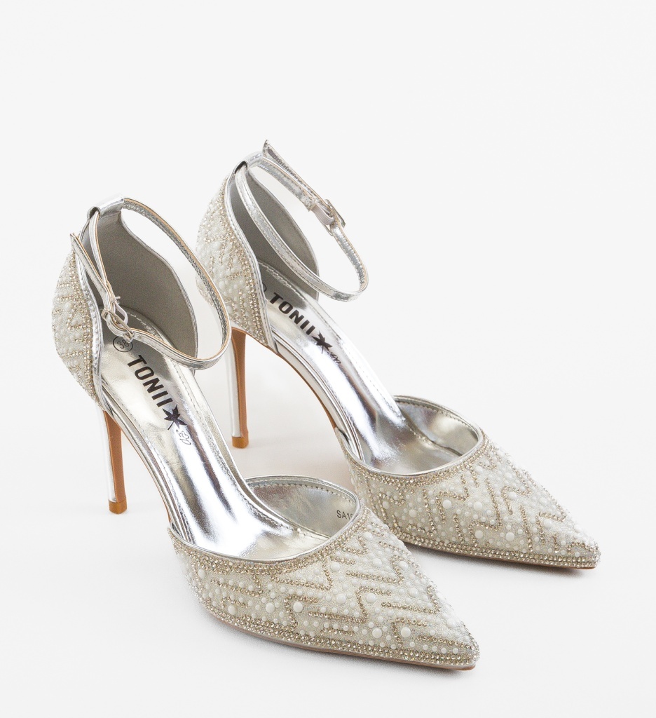 Pantofi cu Toc Regal Argintii Eleganți - imagine 4