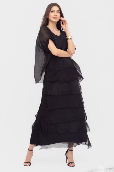 Rochie Neagră Elegantă Shopika cu Volane Matase