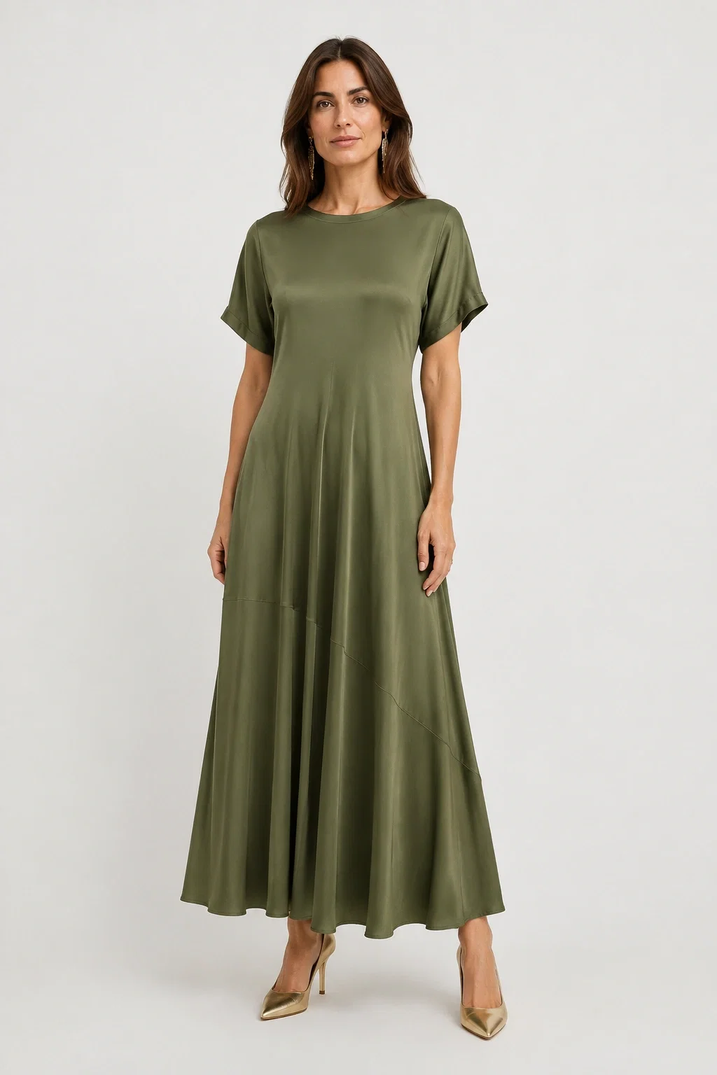 Rochie lunga din satin cu matase si vascoza, croi amplu si design fluid, kaki
