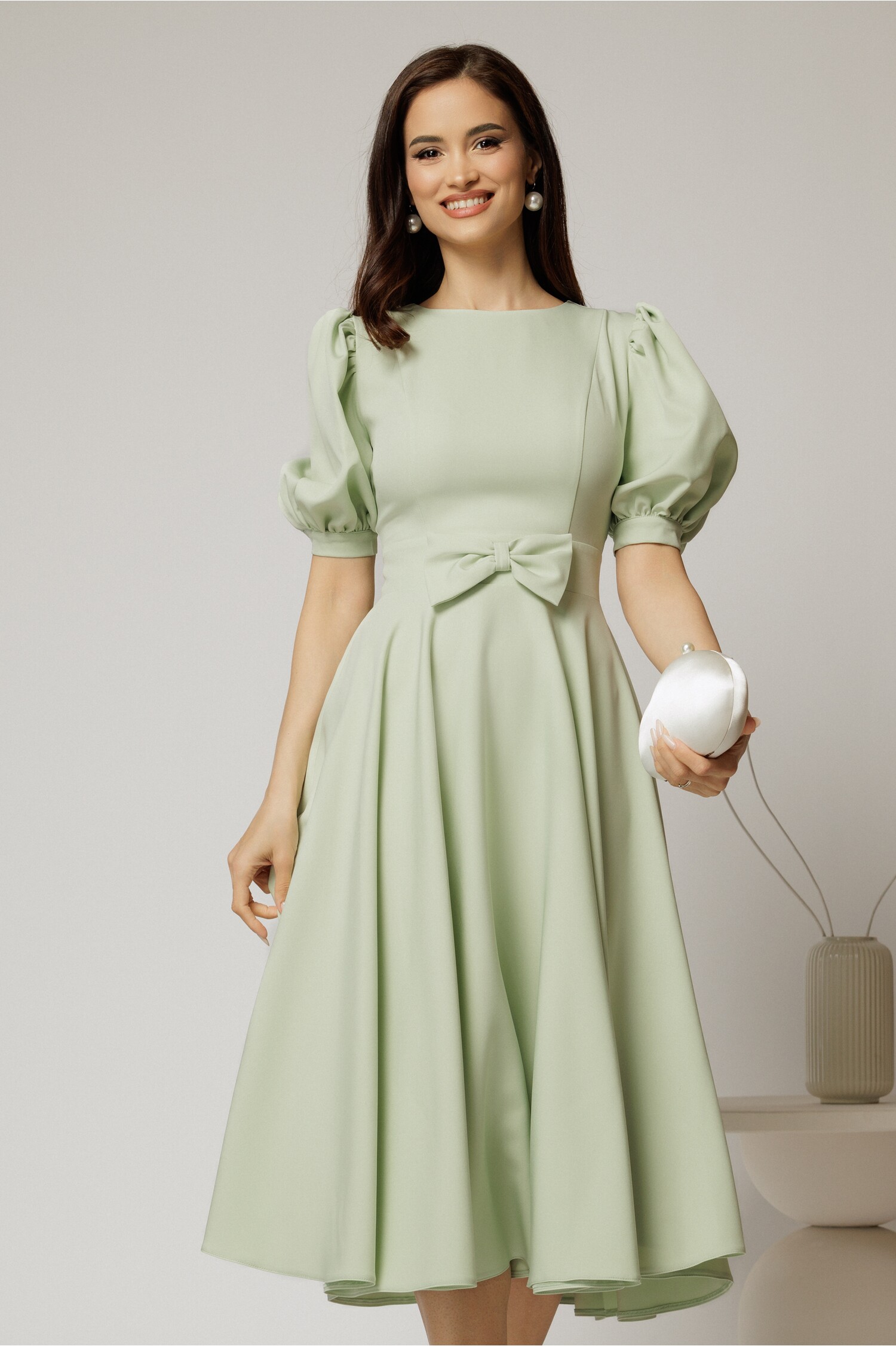 Rochie Verde Fistic Stofă Clos cu Fundă