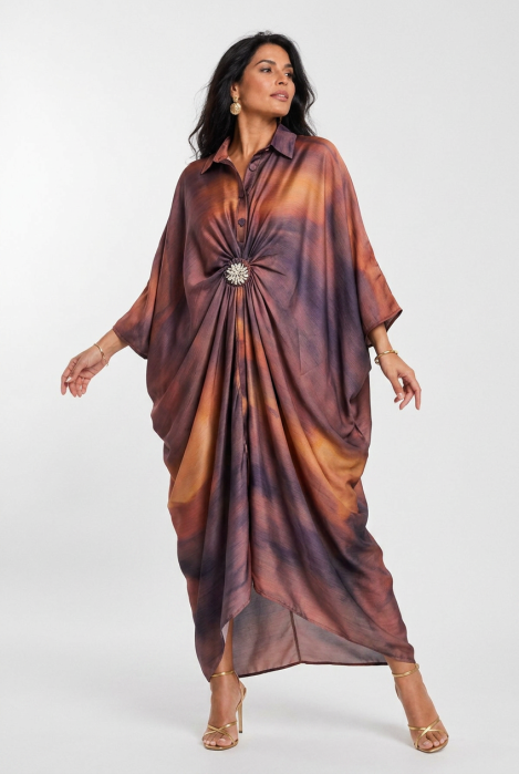Rochie maxi tip caftan cu imprimeu abstract maro, drapaj si brosa detasabila -