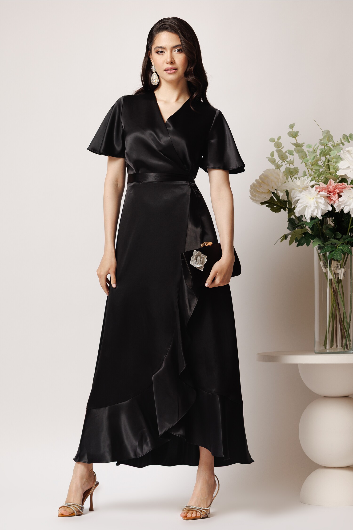 Rochie Satin Negru Eleganta Croi Petrecut