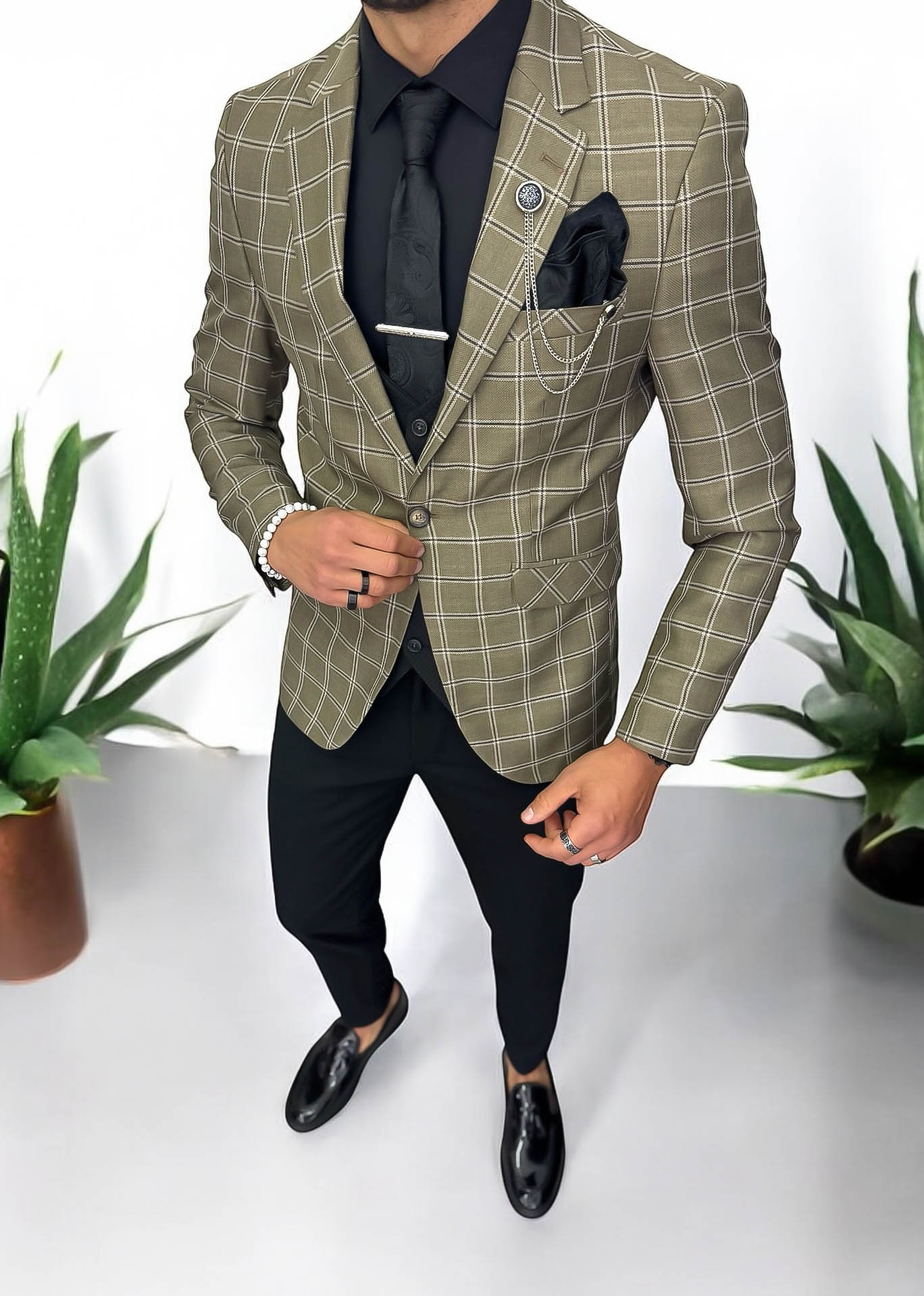 Sacou Barbati Slim Fit Kaki in Carouri