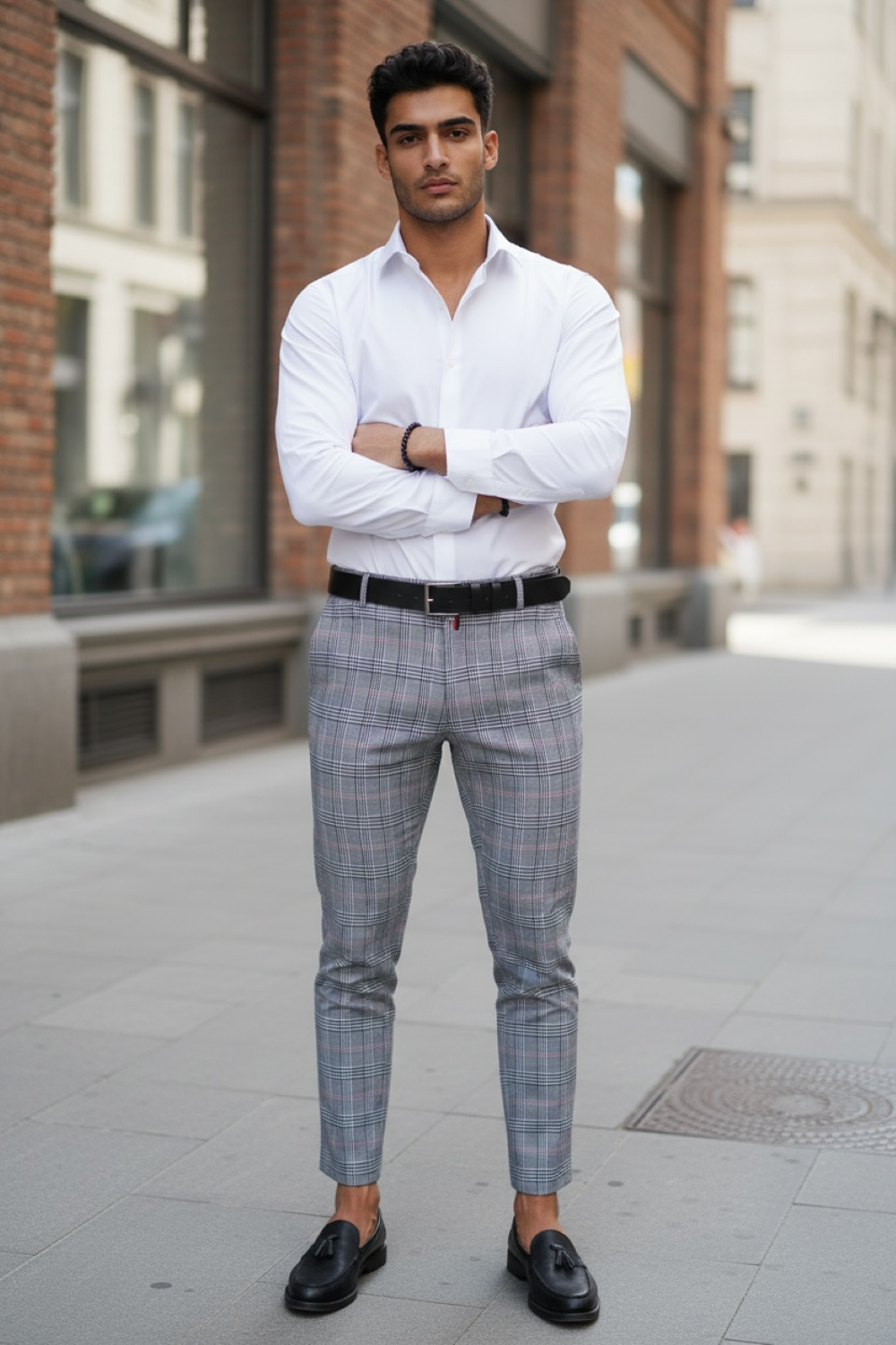 Pantaloni Barbati Eleganti Gri în Carouri Regular Fit - imagine 2