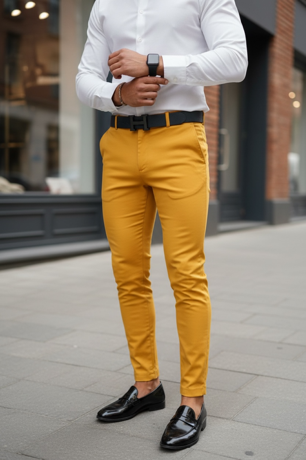 Pantaloni Barbati Mustar Eleganti cu Croiala Conica - imagine 2