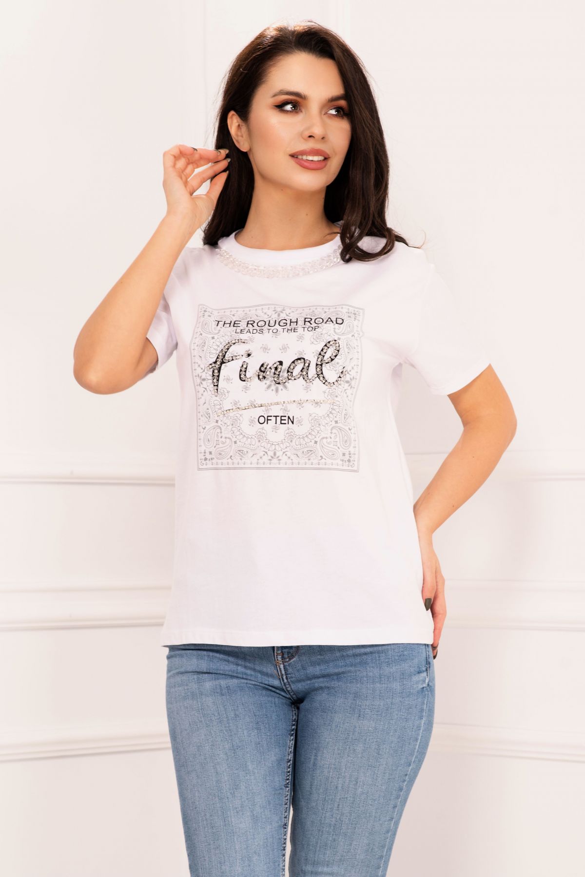 Tricou Alb Elegant Inpuff cu Strassuri