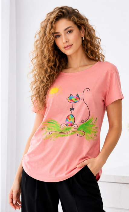 Tricou somon din bumbac pictat manual, cu pisicuta si soare ,unicat