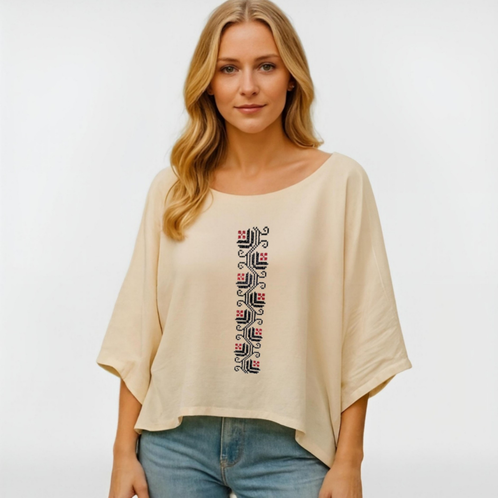Bluza din bumbac cu broderie inspiratie etno -Free Rose