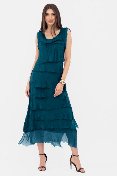 Rochie Turcoaz Matase & Vascoza cu Volane Shopika