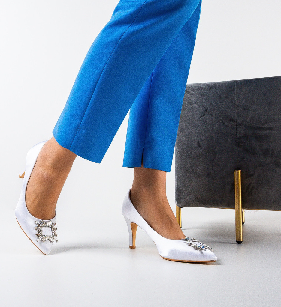 Pantofi Bino Albi Eleganți cu Toc - imagine 3