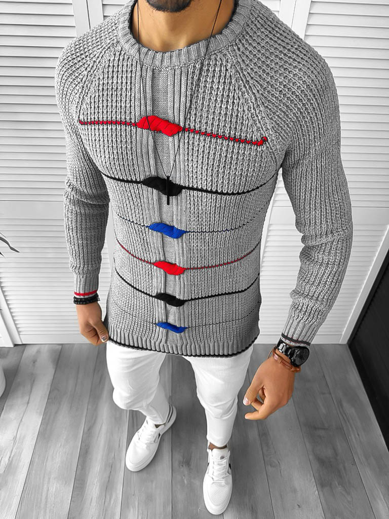Pulover Barbati Gros Slim Fit Gri Elegance