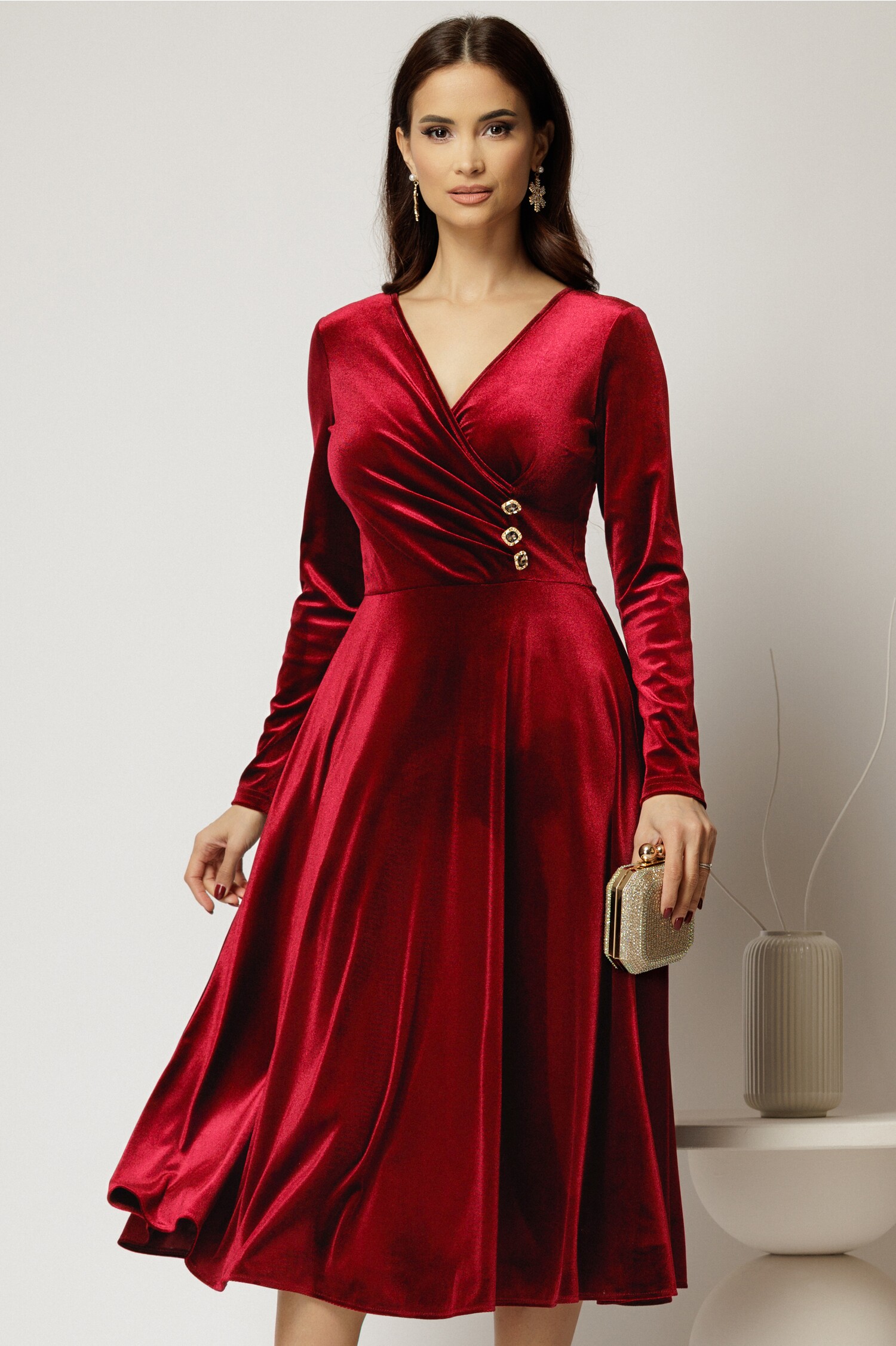 Rochie Catifea Bordo cu Bust Petrecut | Eleganta - imagine 2