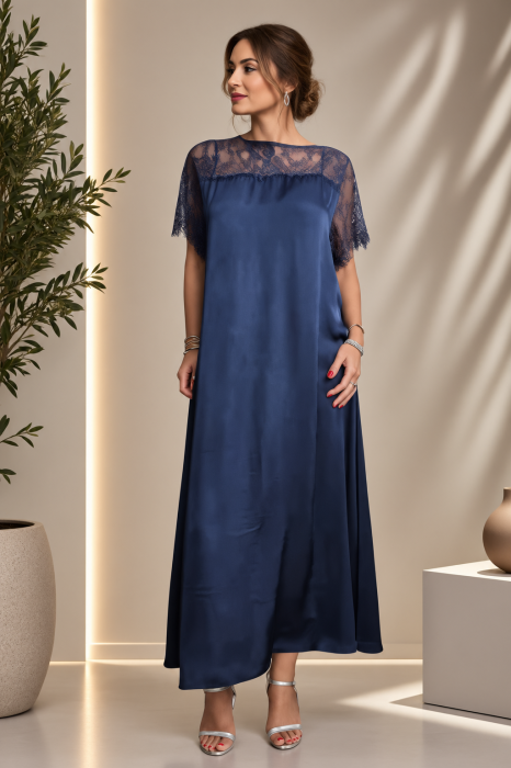 Rochie maxi A-line din satin matase si vascoza, insertii din dantela si croi fluid, bleumarin