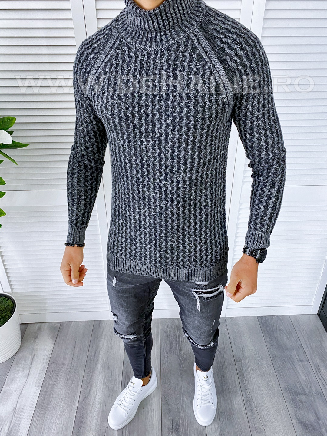 Pulover Barbati Slim Fit Gri Elegant