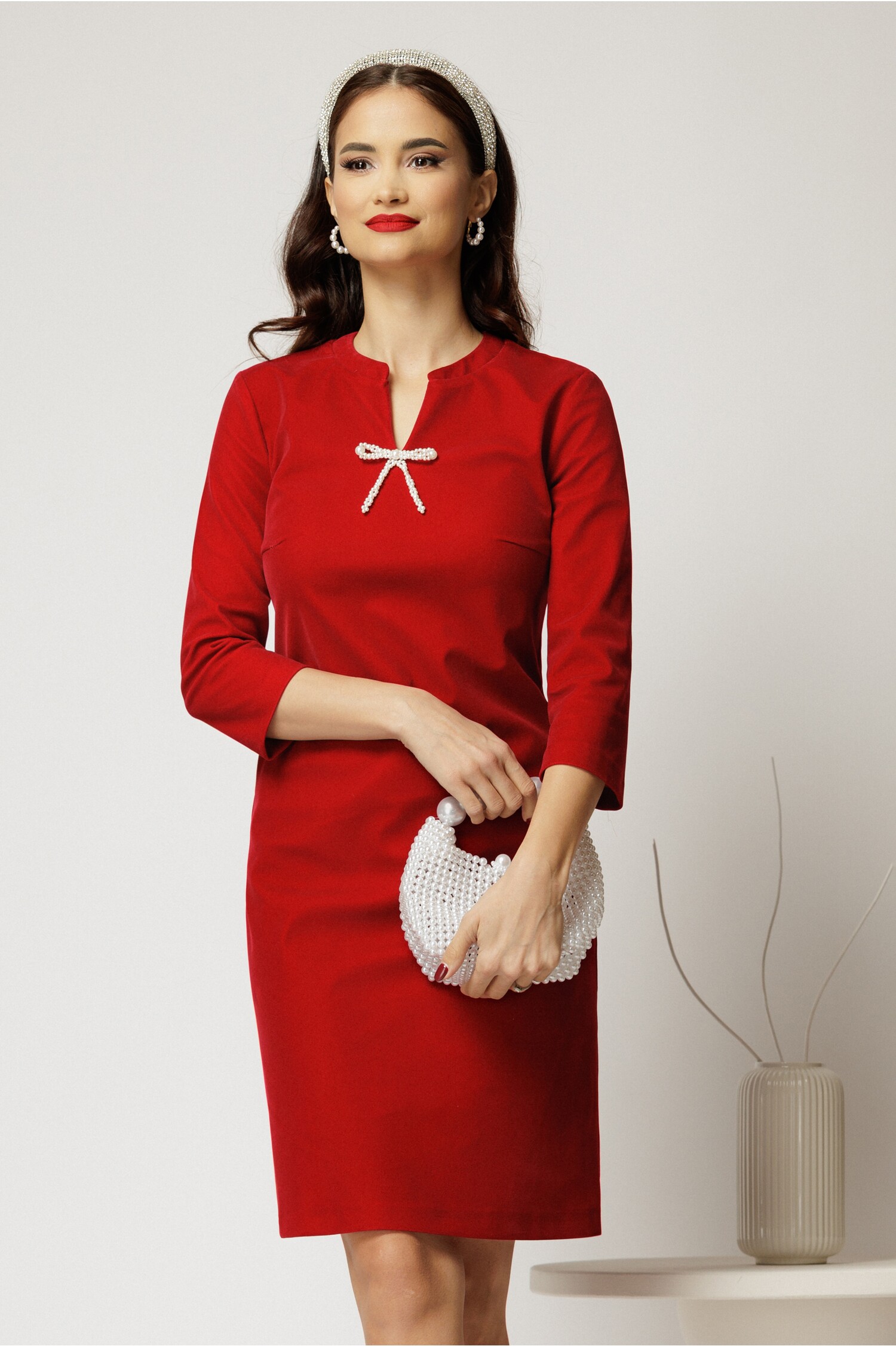 Rochie Catifea Bordo Eleganta cu Fundă Perle