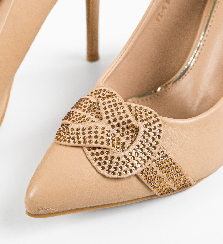 Pantofi Dama Brown Bej Eleganți cu Toc - imagine 4