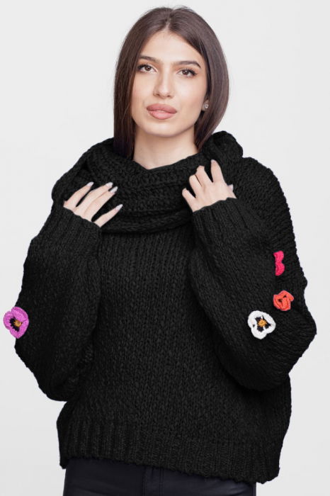 Pulover Negru cu Guler Bogat si Flori | Flex moda - imagine 1