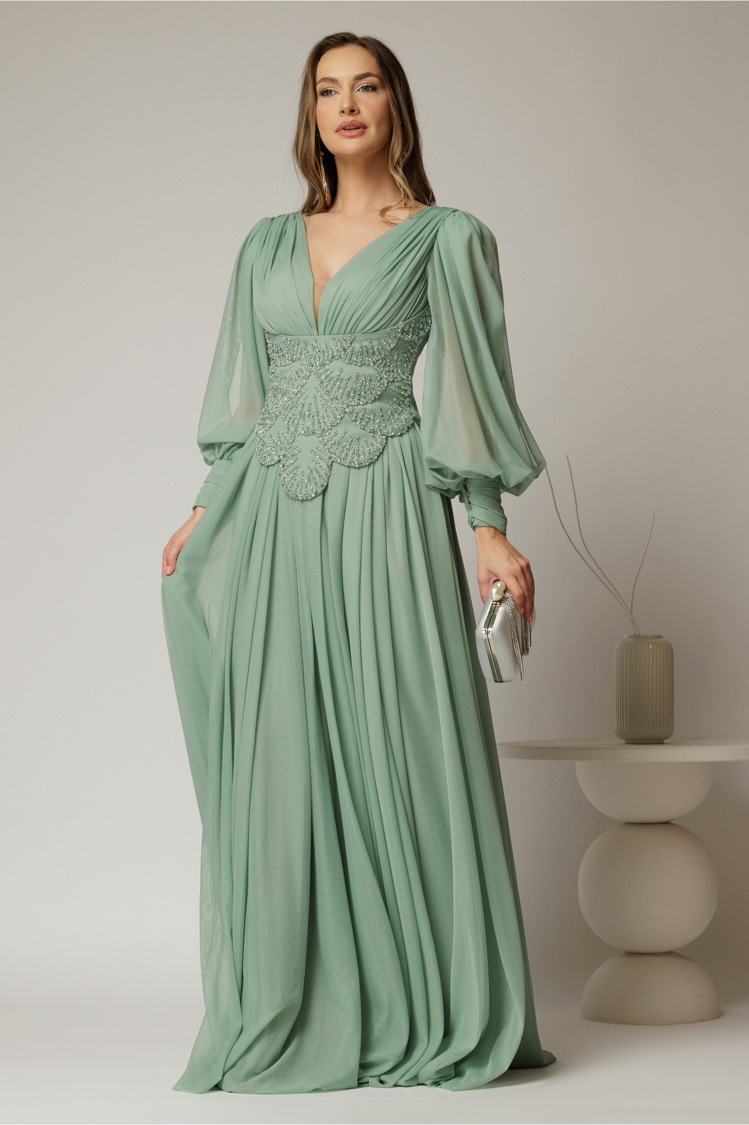 Rochie Verde Menta din Tull cu Strassuri