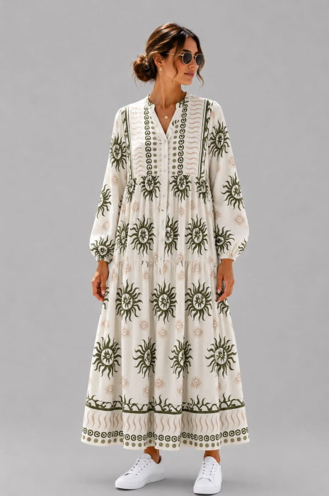 Rochie maxi din vascoza cu imprimeu solar si inspiratie boho, alb-kaki