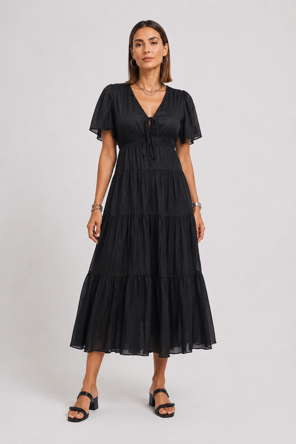 Rochie lunga din batist de bumbac cu volane si decolteu in V, neagra