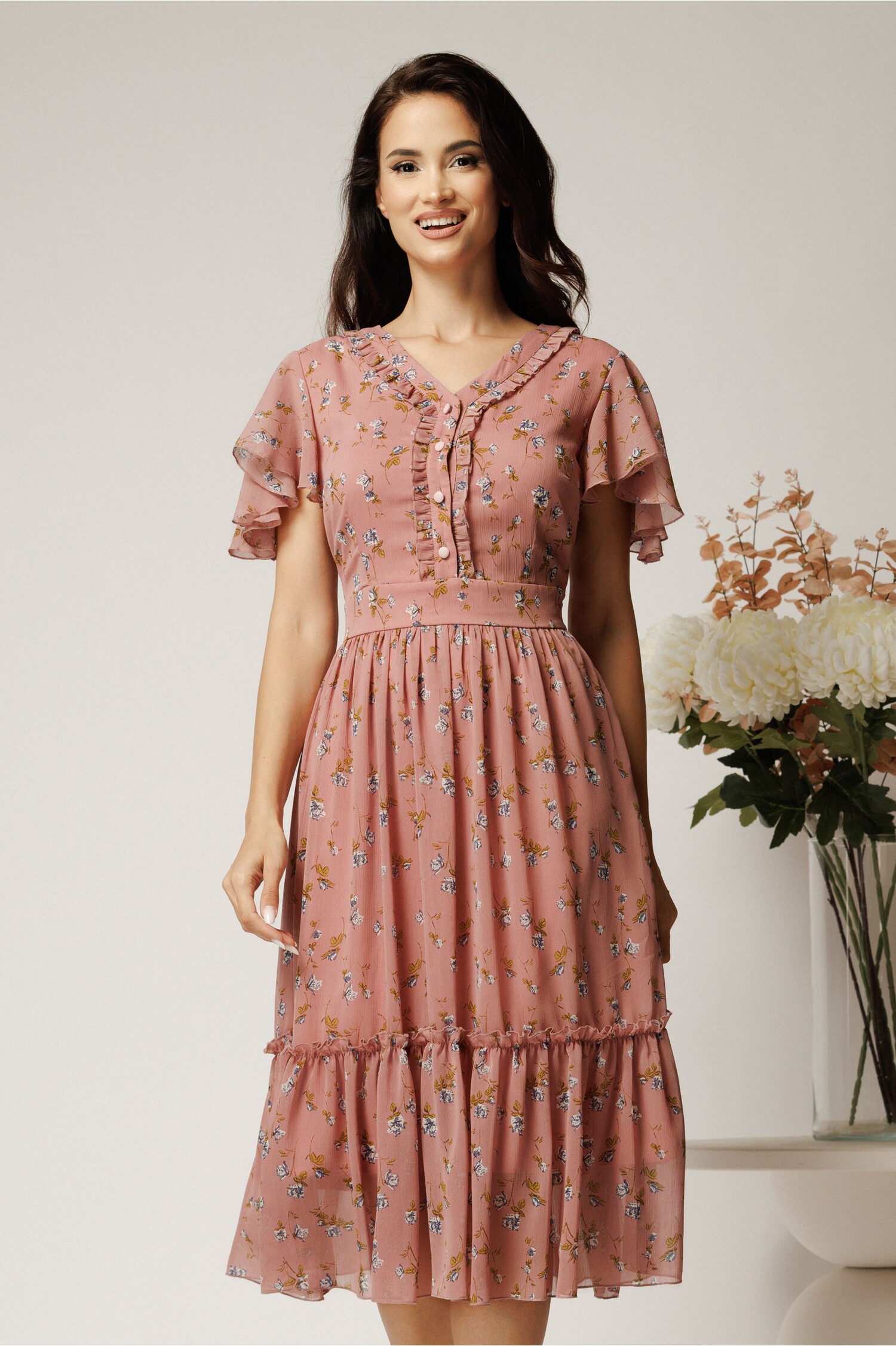 Rochie Midi Roz Florală din Voal cu Volanase