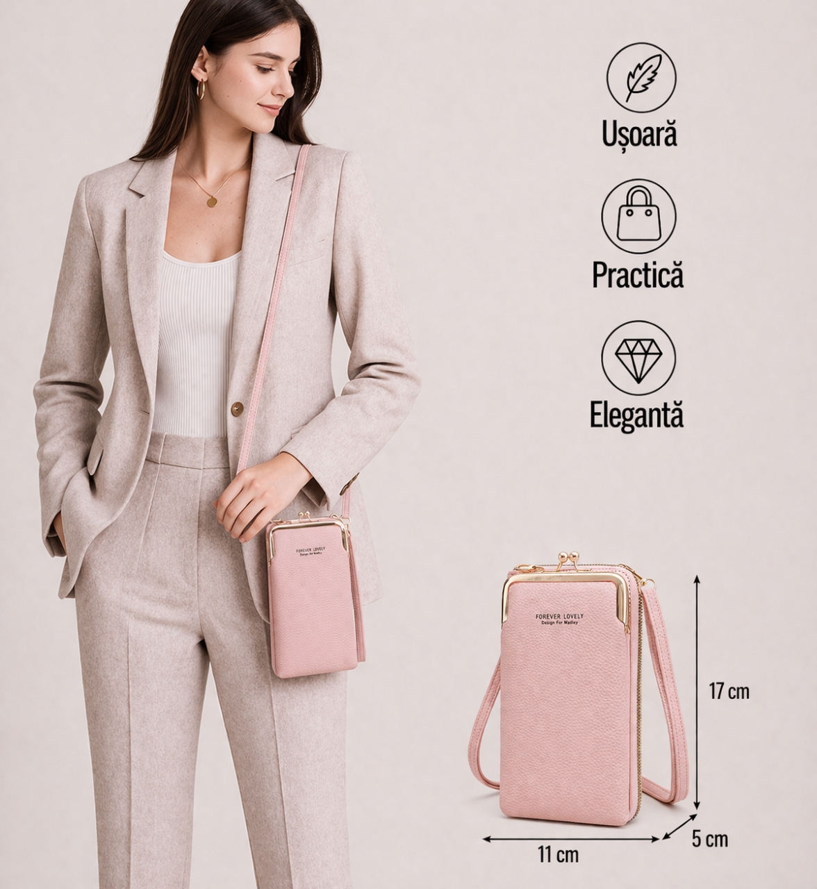 Portofel Geantă Pfy Angela PT795, 2 în 1 Roz - imagine 7