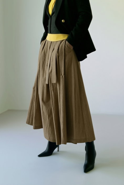 Fusta pantalon midi ampla cu talie inalta si cordon, caramel