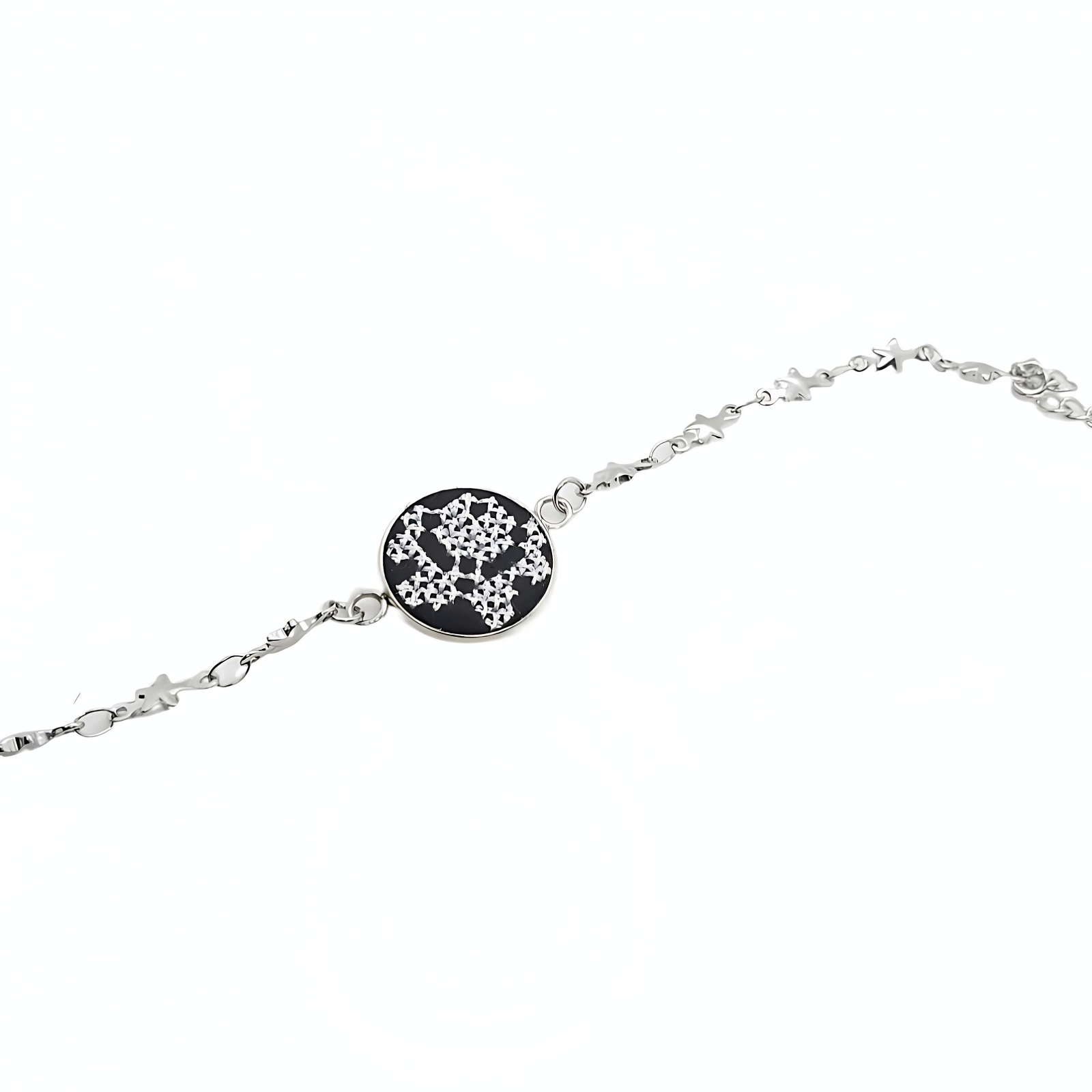 Bratara din inox cu broderie traditionala si lant inox Alb