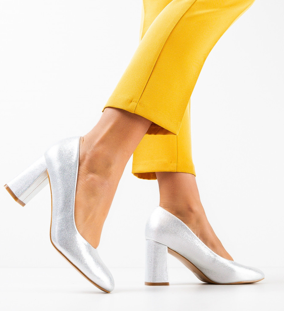 Pantofi Dama Argintii cu Toc Eleganți Luber - imagine 2
