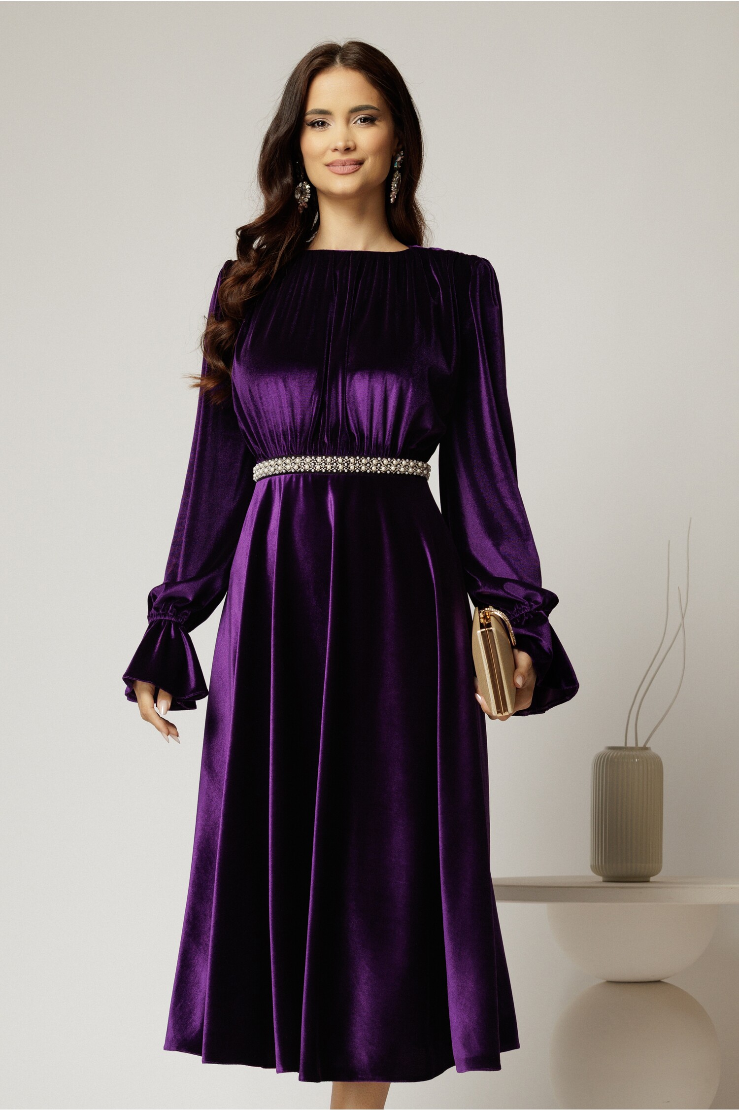 Rochie Catifea Mov DY Fashion cu Perle