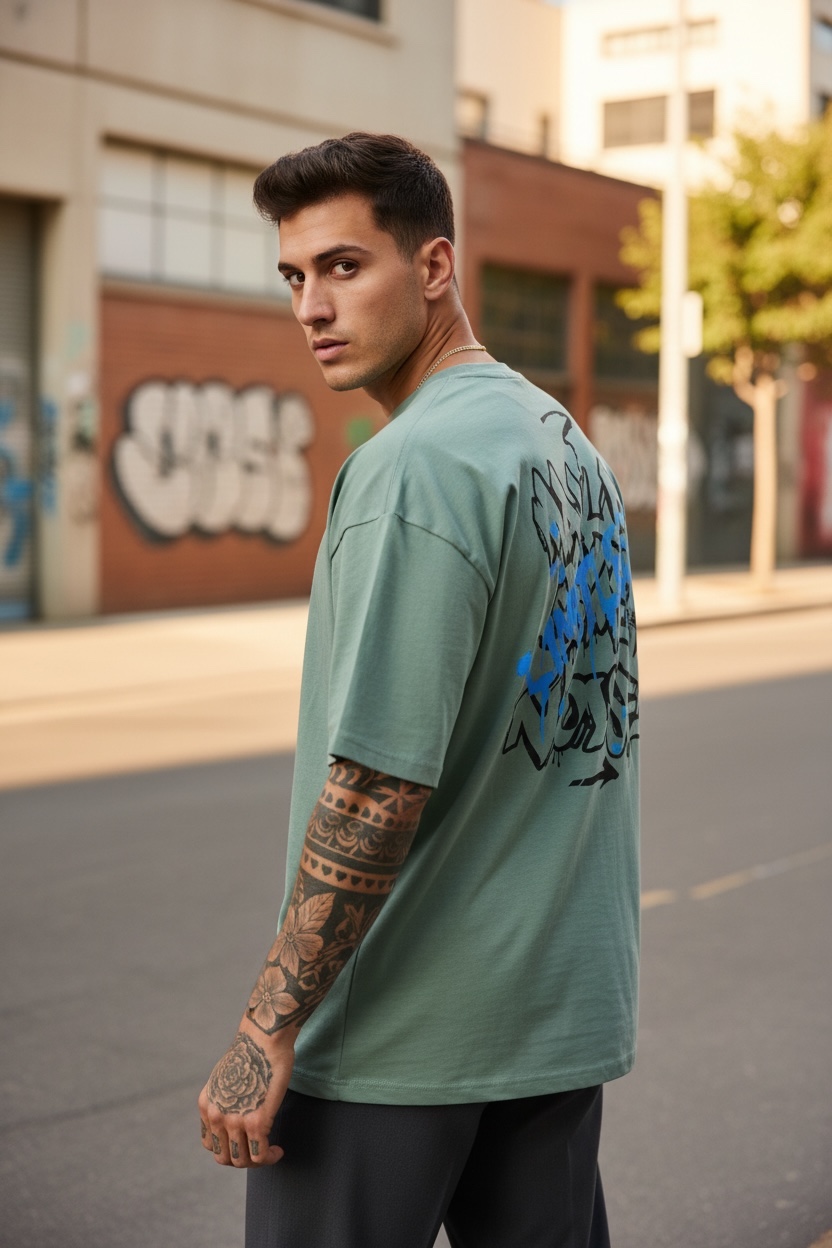 Tricou Barbati Vernil Oversize cu Imprimeu - Stil Modern - imagine 2