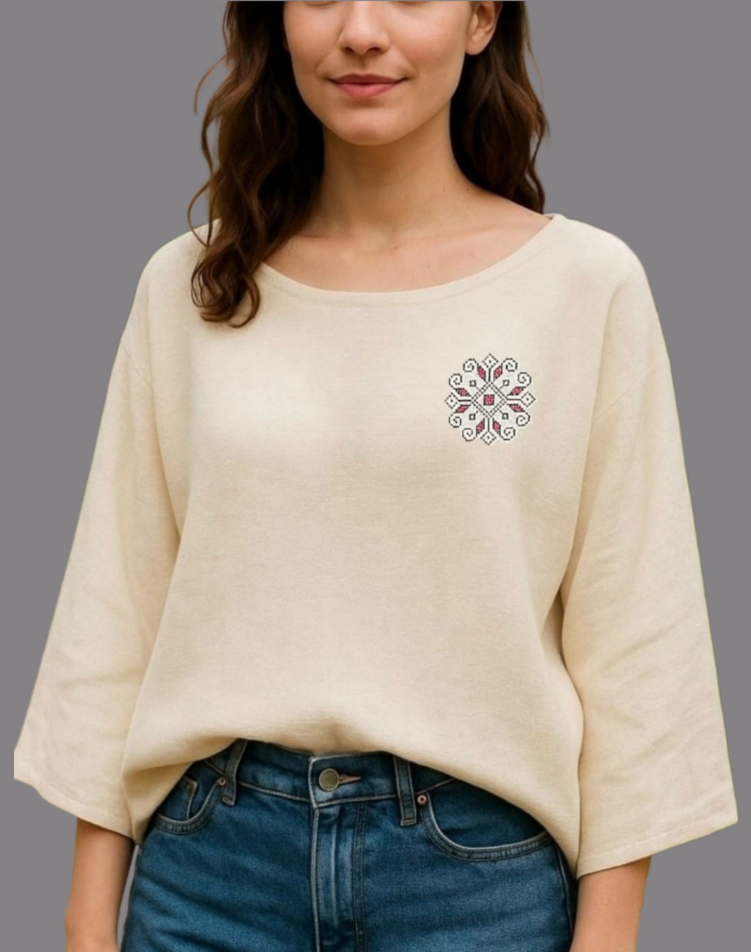 Bluza din bumbac cu broderie inspiratie etno -Adiere-de-foc, Marime unica