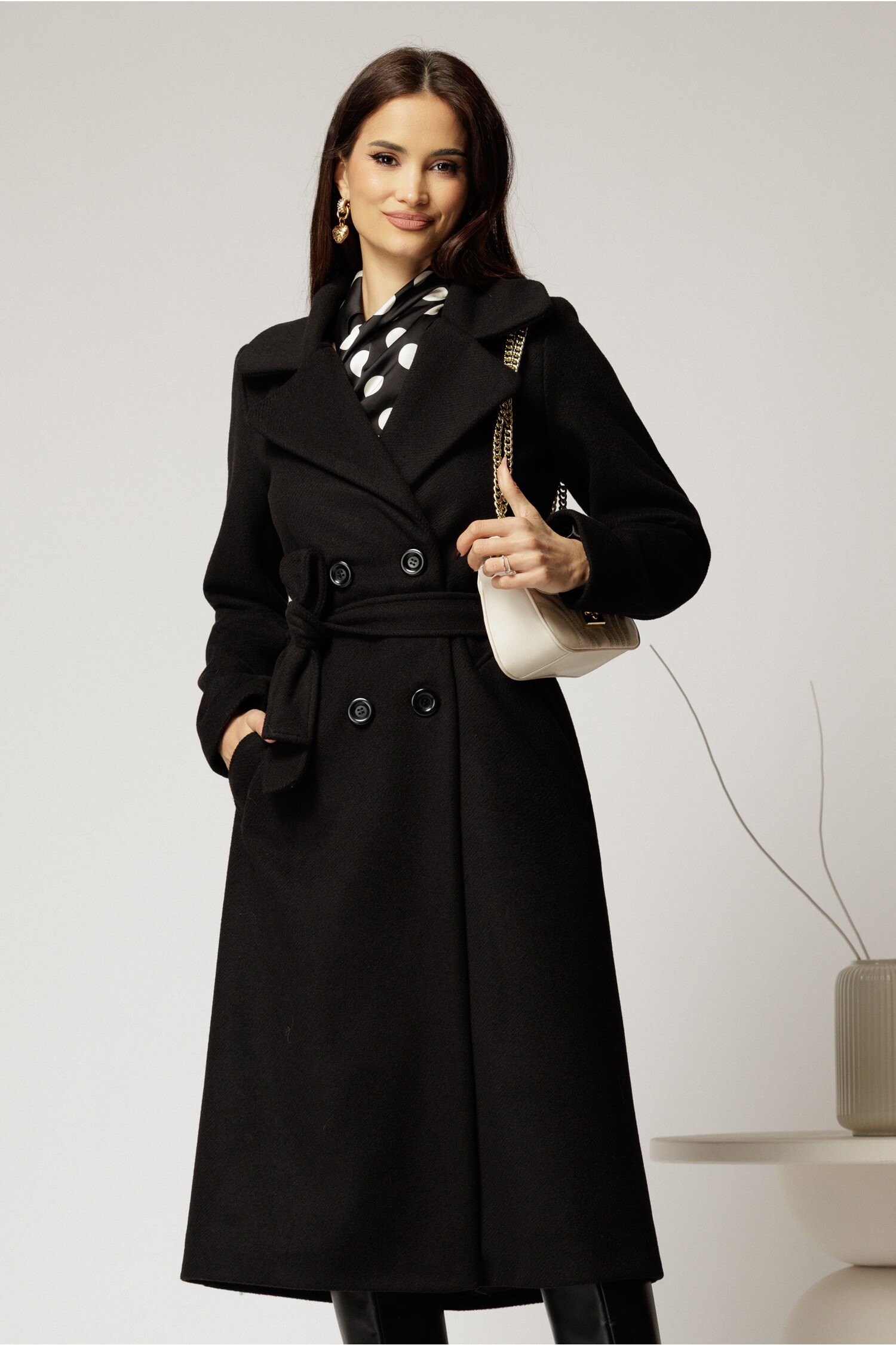 Palton Cristina Midi Negru Elegant cu Cordon