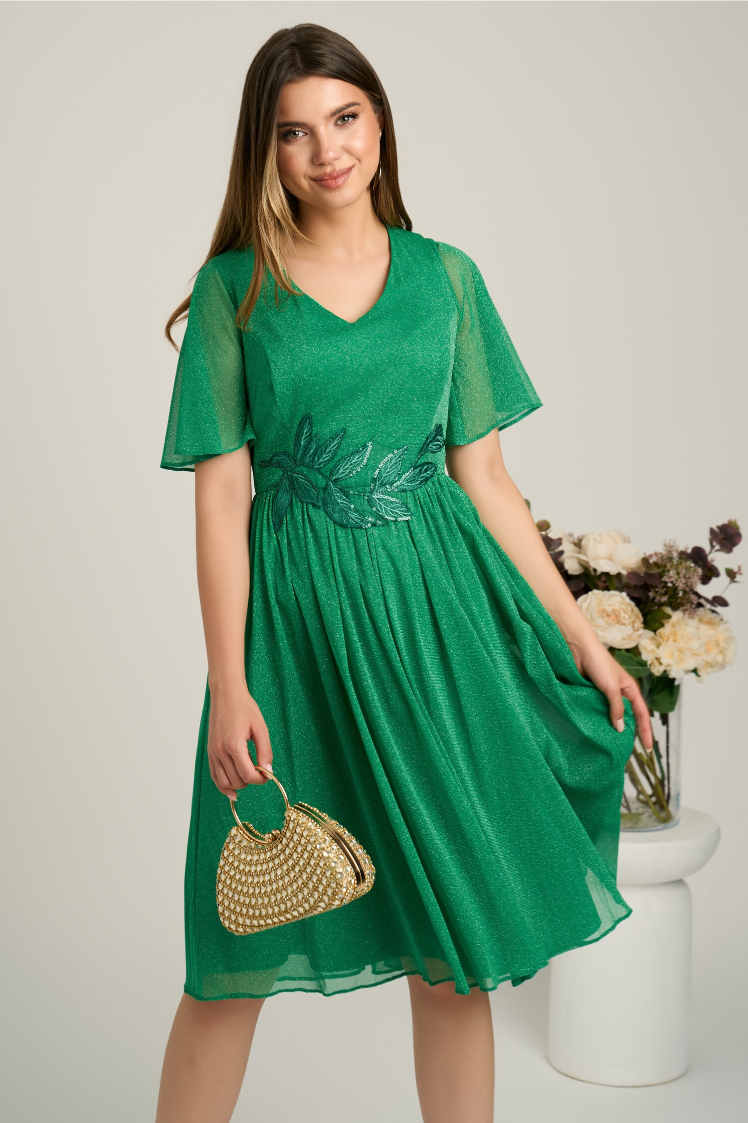 Rochie Midi Verde Voal Glitter Broderie