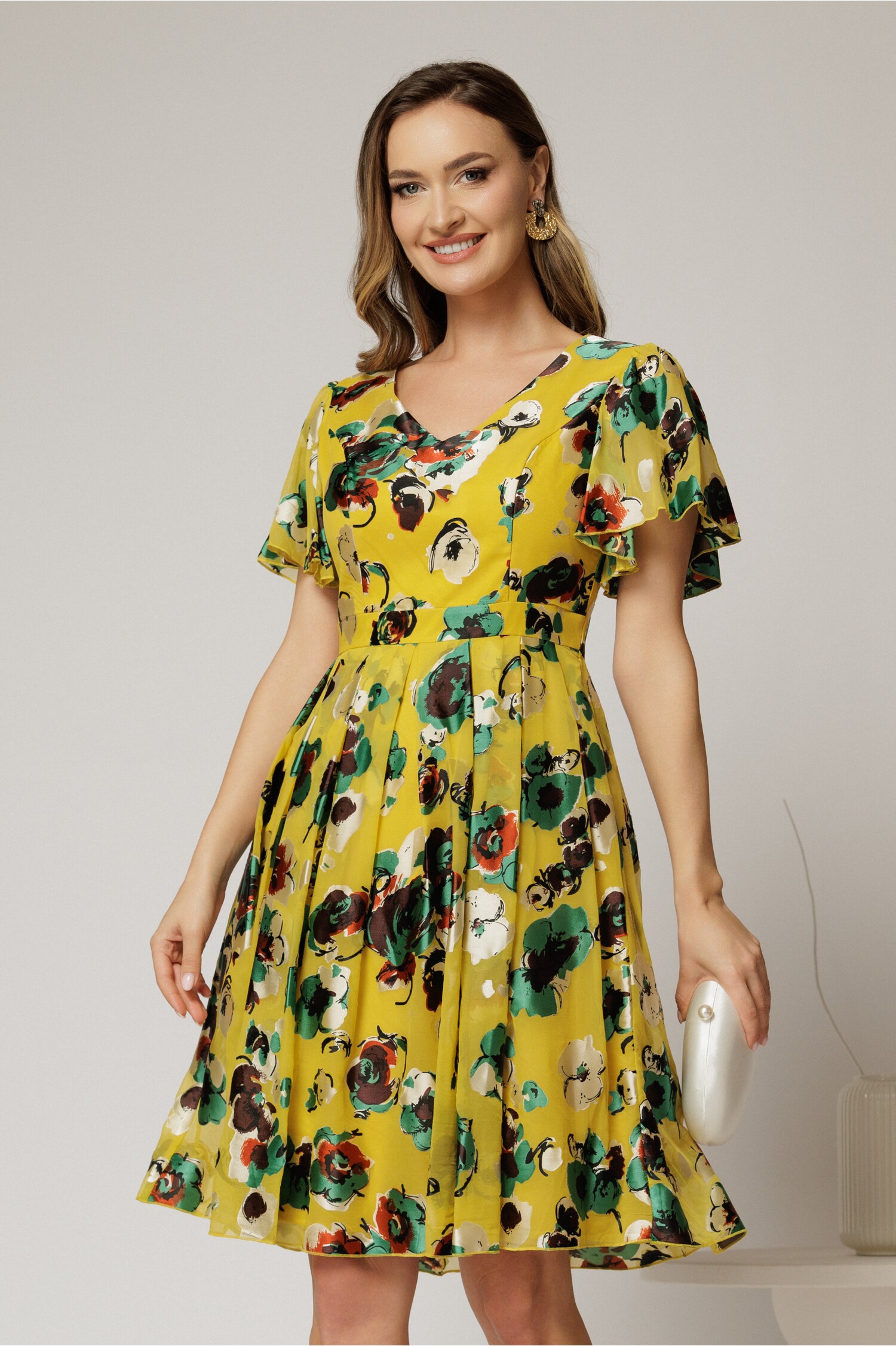 Rochie Midi Galbenă cu Imprimeu și Pliuri