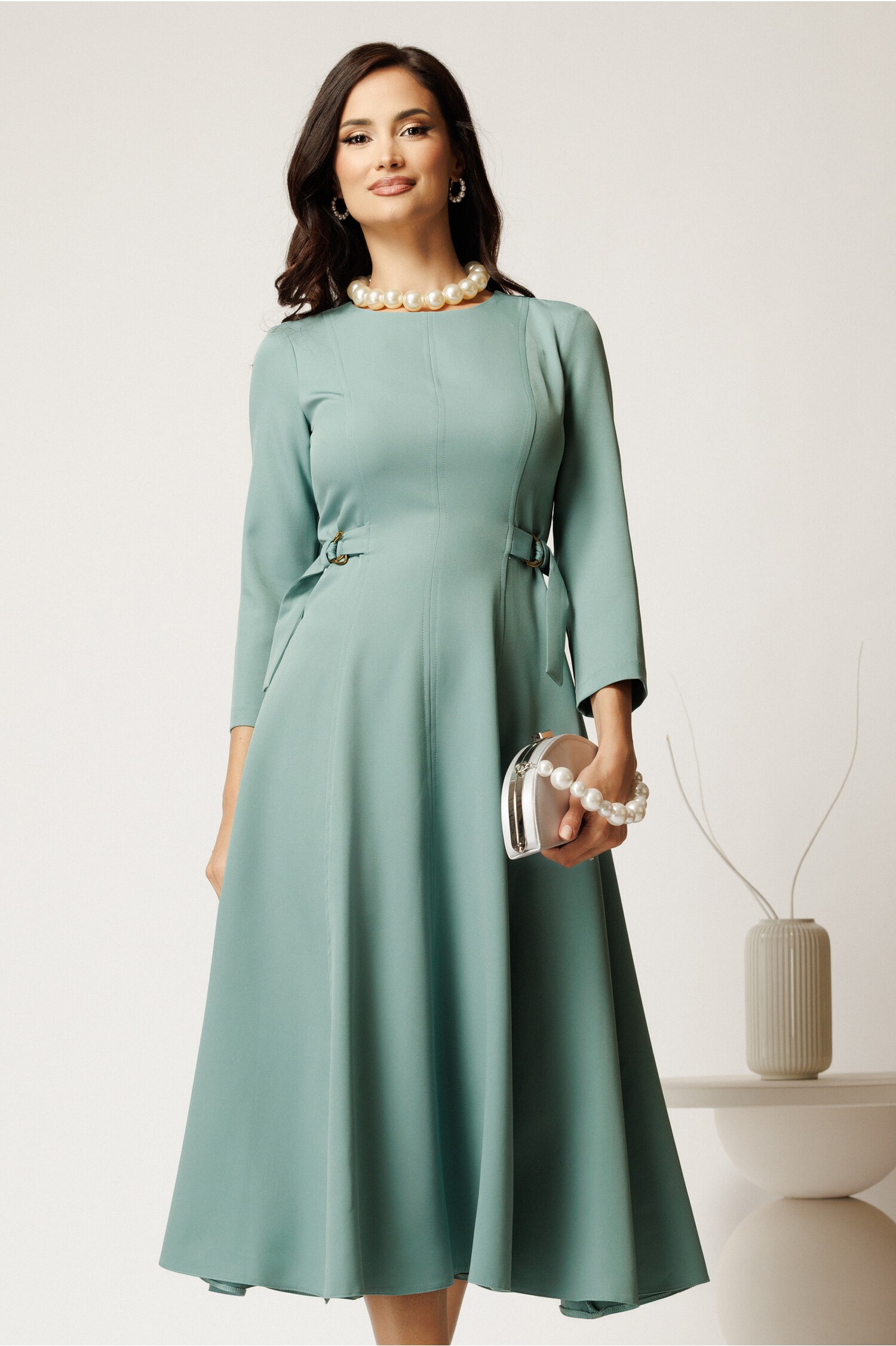 Rochie Midi Verde Mint cu Catarame Talie