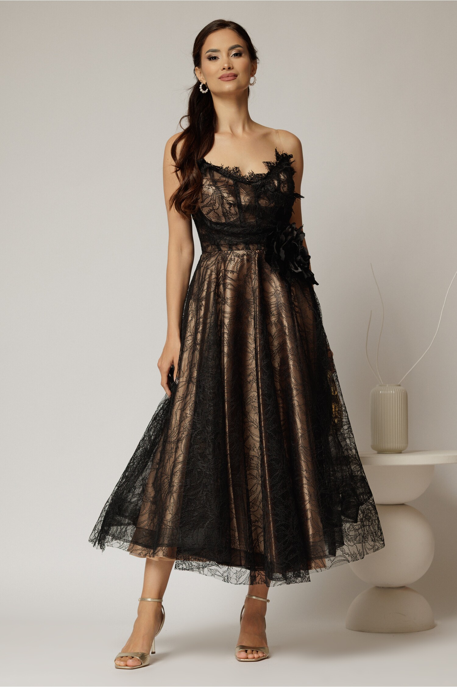 Rochie Midi Neagra Dantela cu Brose