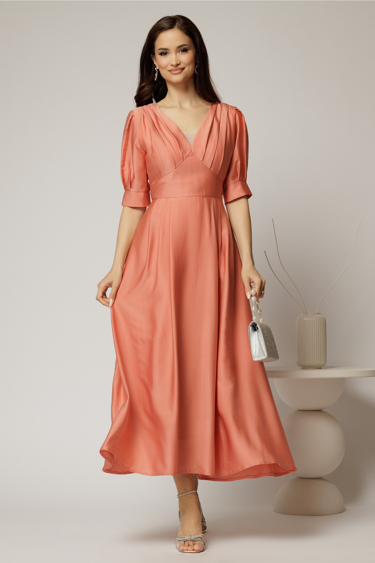 Rochie Ocazie Roz Piersica Lungă Elegantă
