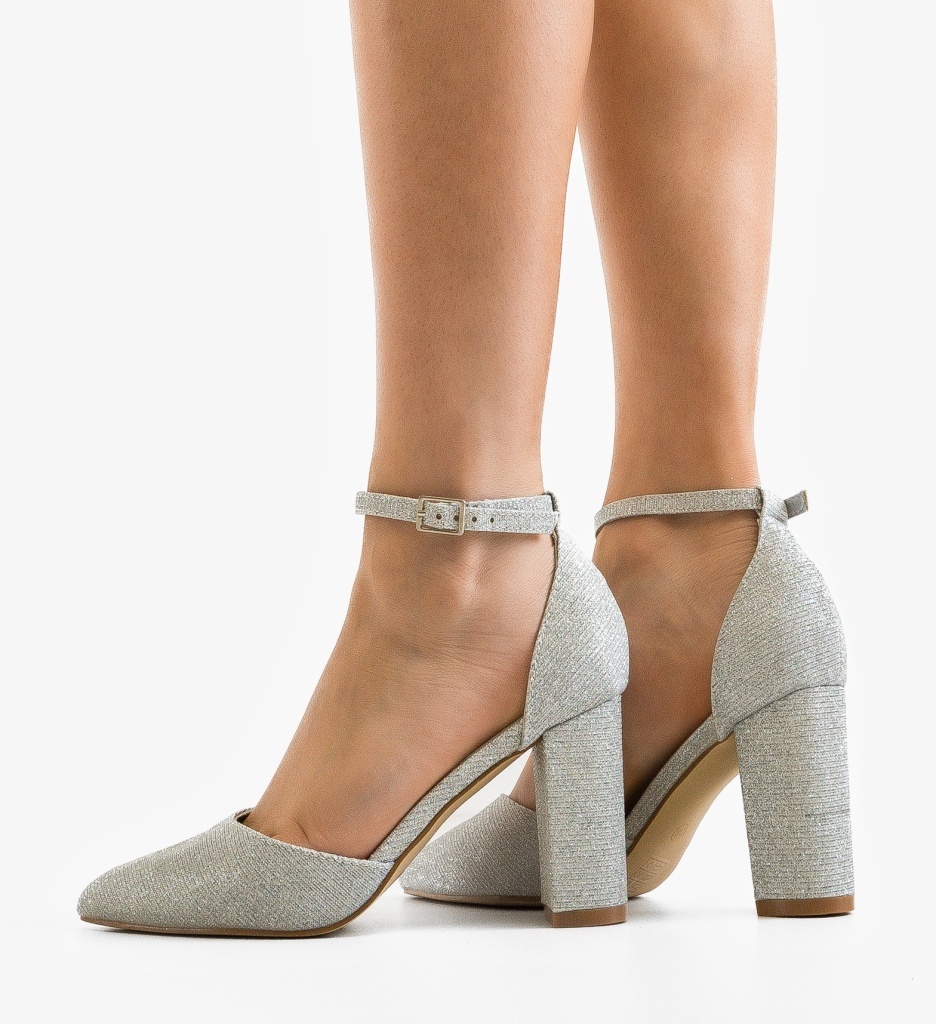 Pantofi Dama cu Toc Young Argintii - Eleganta Disponibila
