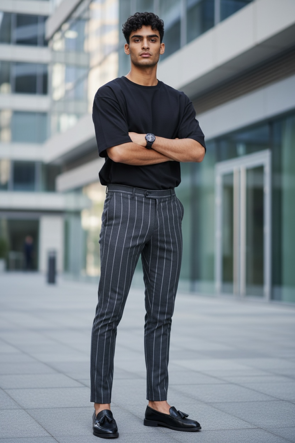 Pantaloni barbati gri in dungi regular fit - imagine 2
